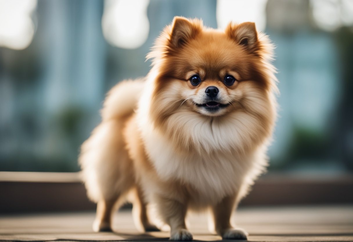 A pomeranian struggles to breathe, with labored breaths and a distressed expression. Its chest heaves as it coughs and wheezes, indicative of respiratory disorders