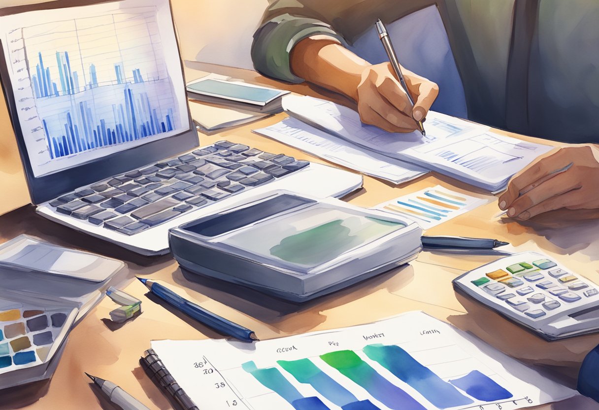 A person writing in a notebook with a financial chart on a desk, surrounded by books on financial management and a computer showing budget spreadsheets