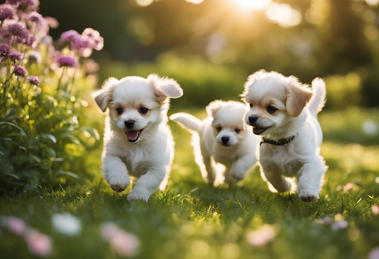 Two chipoo puppies playing in a sunlit garden, chasing each other around colorful flowers and rolling in the green grass