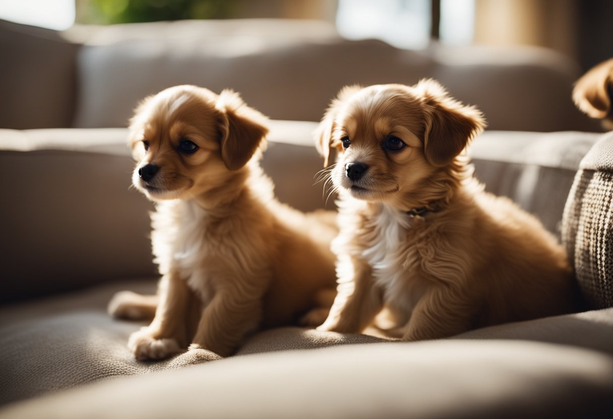 A litter of chipoo puppies playfully tussle in a cozy, sunlit living room. Their fluffy coats and adorable faces capture the essence of their mixed breed origins and history