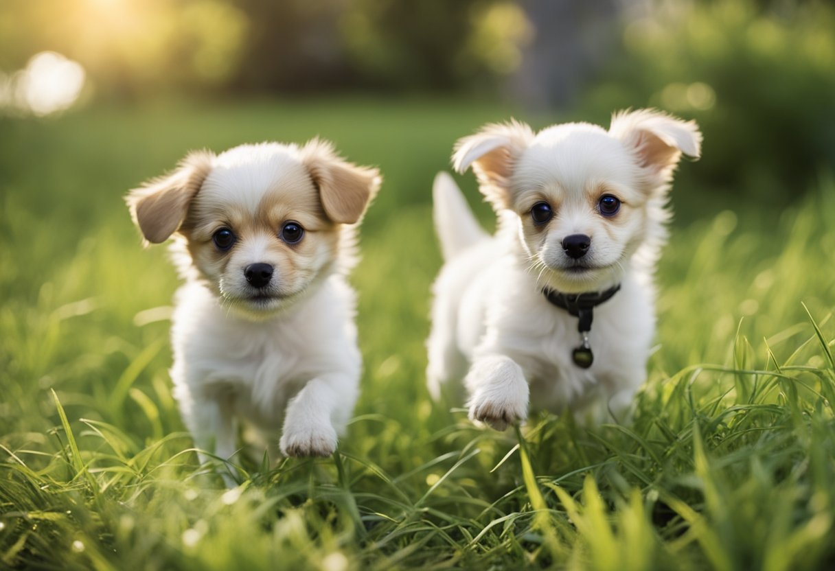 Chipoo puppies playing in a grassy yard, with their small, fluffy bodies and wagging tails. They have perky ears and bright, curious eyes