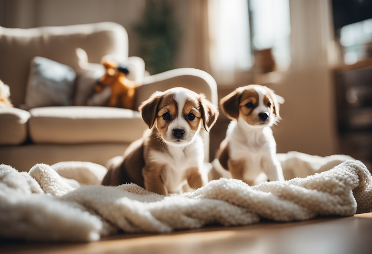 Chipoos puppies playing in a cozy, sunlit room with toys and soft blankets