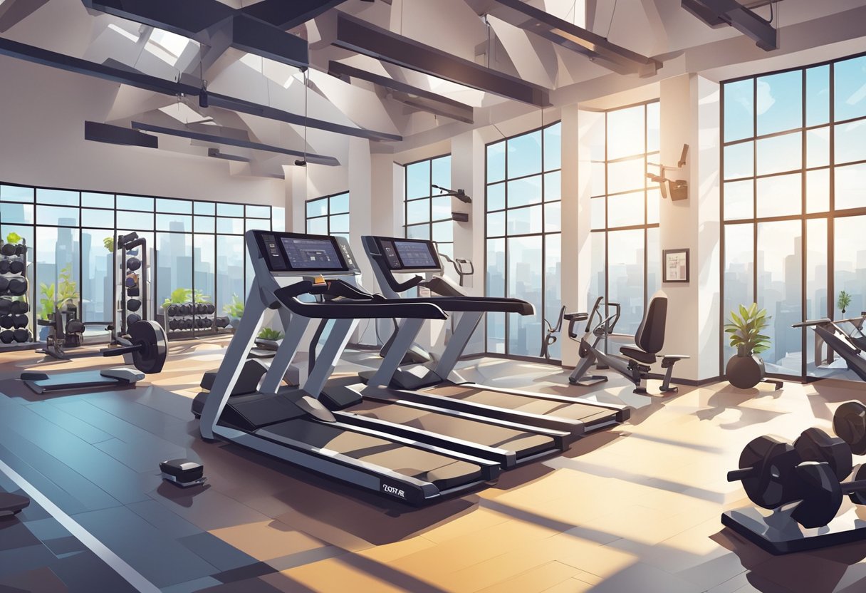 A bright gym with modern equipment, motivational quotes on the walls, and natural light streaming in through large windows