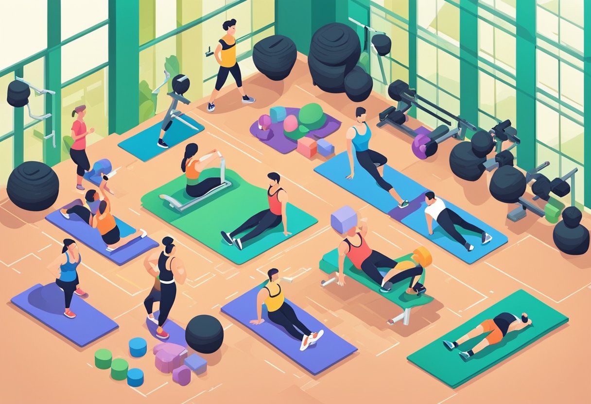 A group of people engaged in fitness activities, such as yoga, weightlifting, and cardio, in a modern and well-equipped gym setting