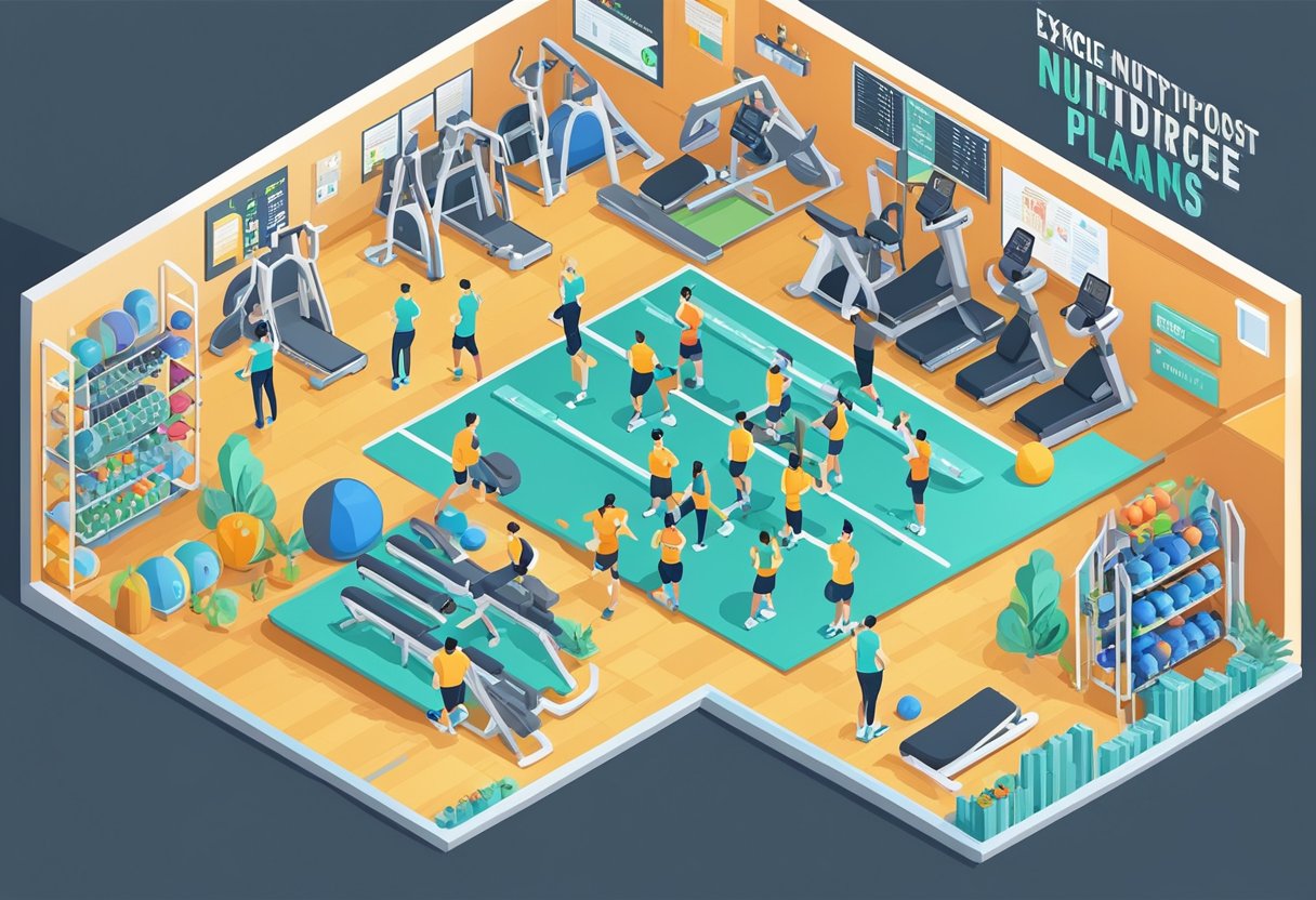 A gym with various exercise equipment and a nutritionist's office with healthy food and meal plans displayed