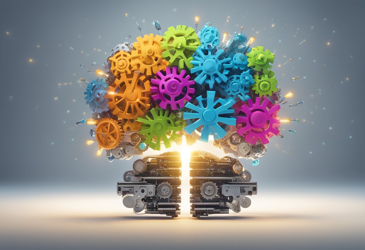A vibrant brain surrounded by gears and light bulbs, representing the concept of mindset marketing