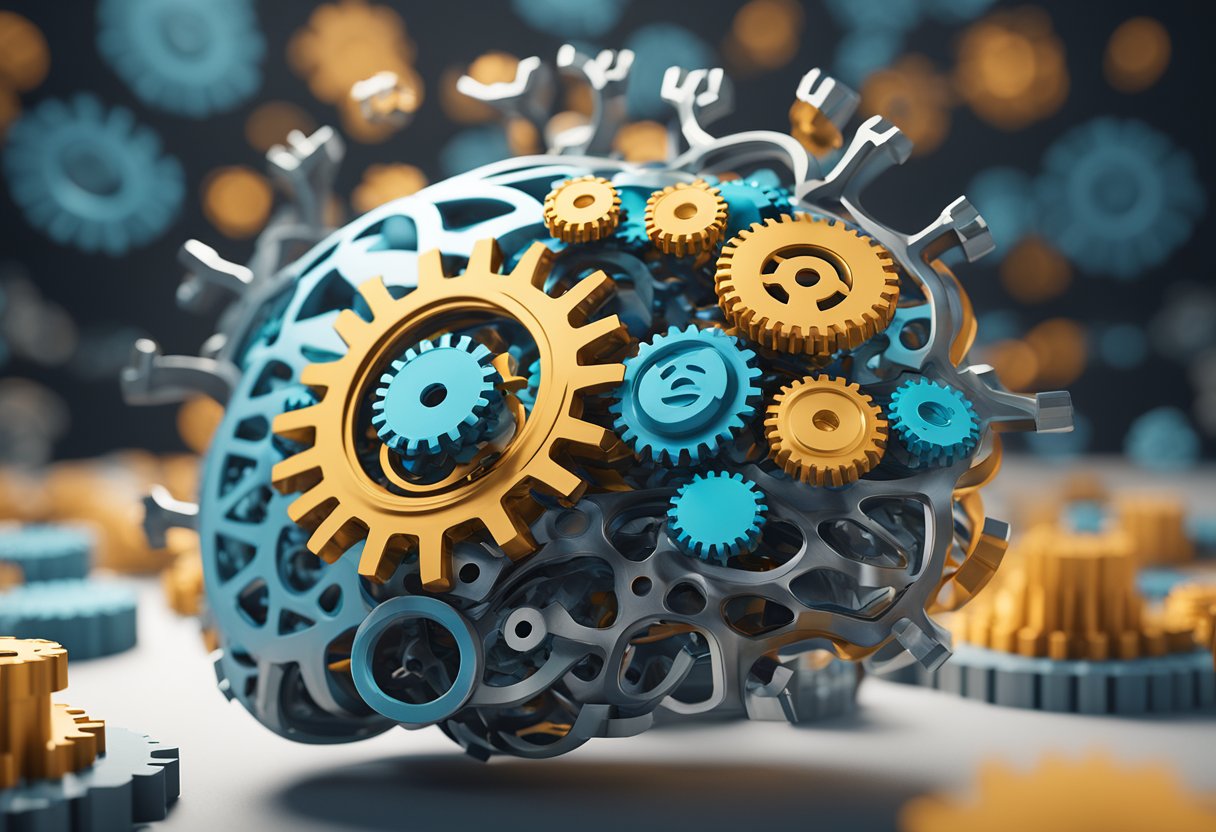 A vibrant brain surrounded by gears, representing the dynamic and strategic nature of mindset marketing