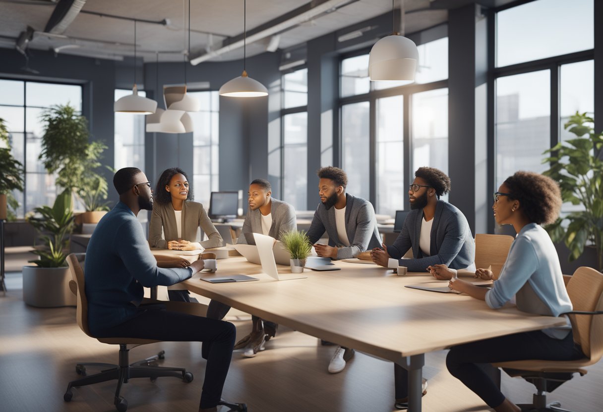 A group of diverse individuals brainstorming and collaborating on marketing strategies in a modern office setting