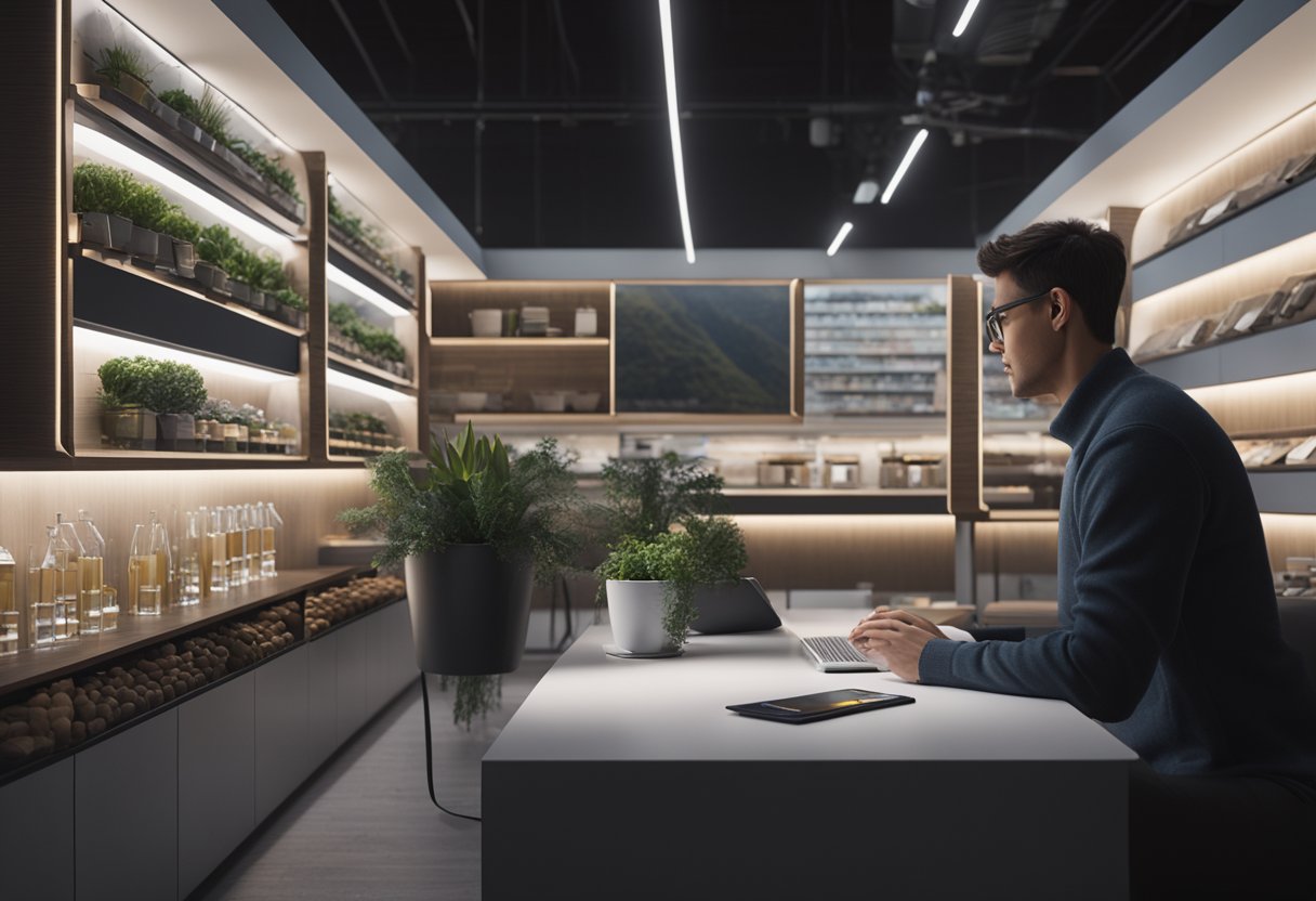 A person engaging with a brand's content, showing understanding and interest in the product. The brand's logo and marketing materials are prominently displayed