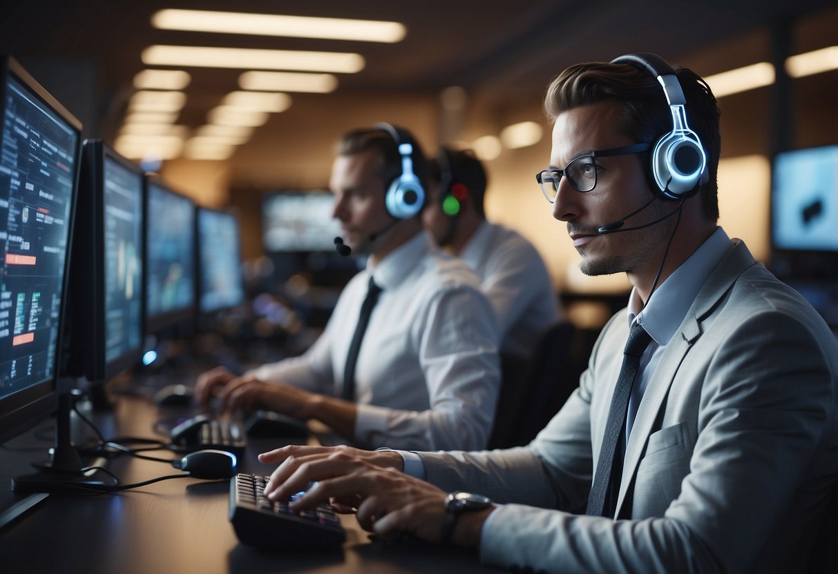 AI phone agents managing calls, reducing call center costs. Computer screens display data and graphs. Headsets and phones sit idle