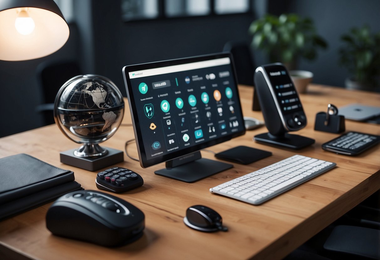 A desk with various AI phone agent tools arranged neatly. Each tool is labeled with its name. The scene is clean and organized, with a modern and professional feel