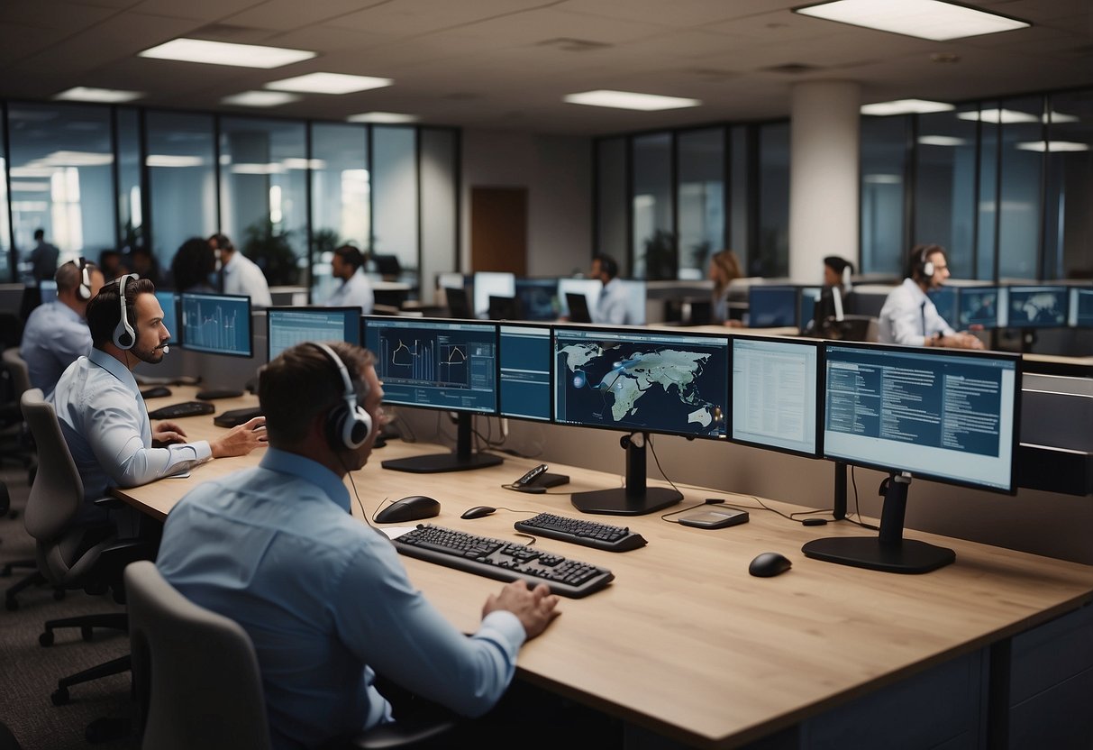 A modern call center with AI phone agents handling multiple customer inquiries, reducing operational costs