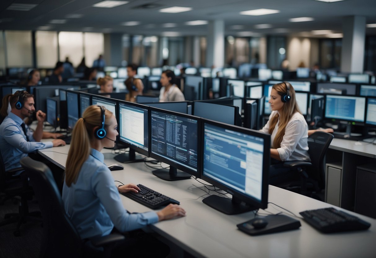 A bustling call center with AI phone agents working efficiently, reducing operational costs for the company. Multiple phone lines are active with agents handling customer inquiries