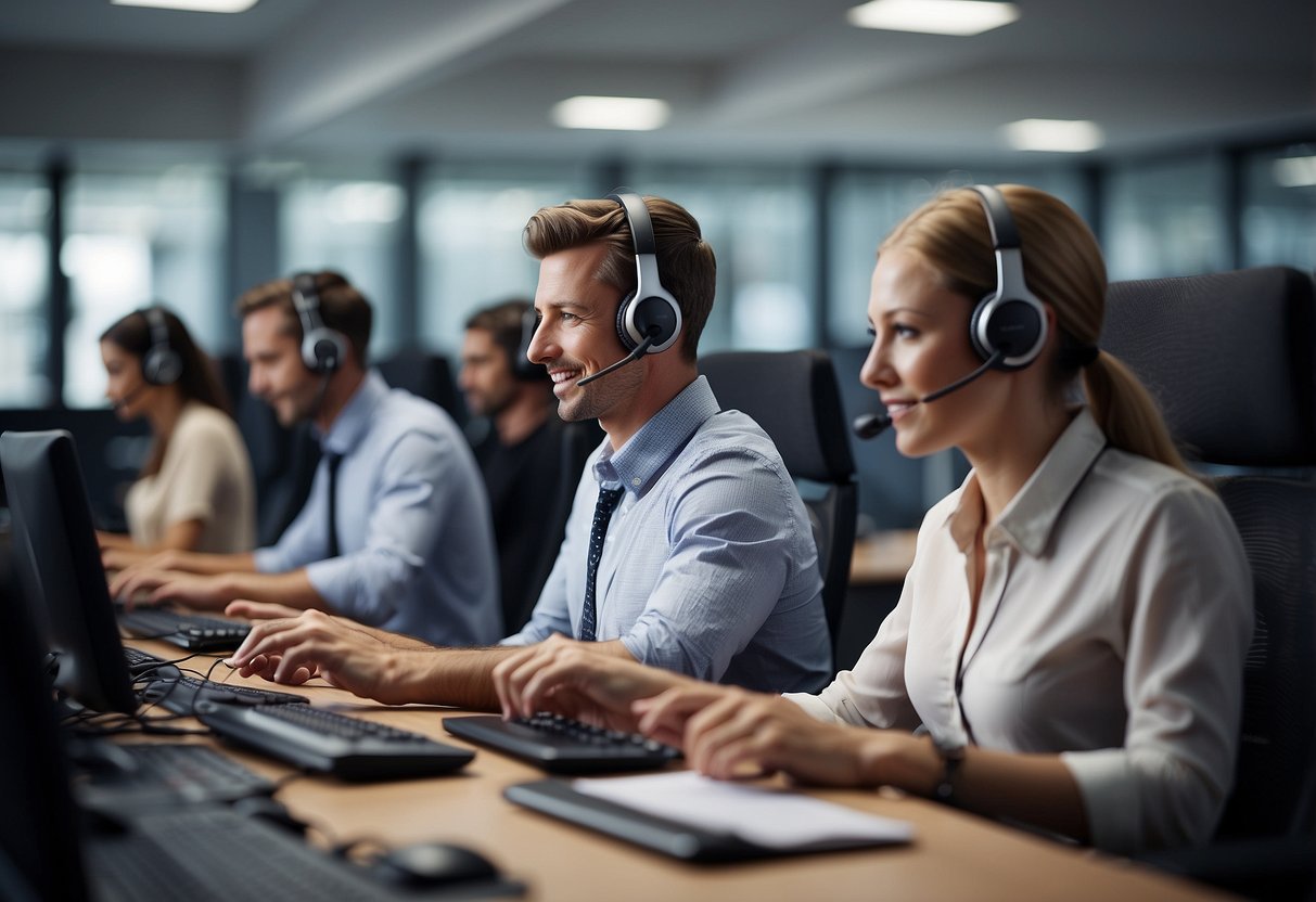 A call center with AI phone agents handling customer inquiries, reducing operational costs