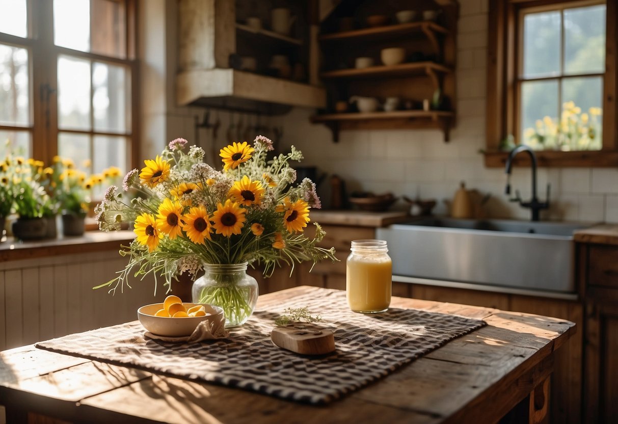 A cozy country kitchen with rustic wooden cabinets, a farmhouse sink, and a large vintage-style stove. Sunlight streams through the window, illuminating a checkered tablecloth and a bouquet of wildflowers on the table