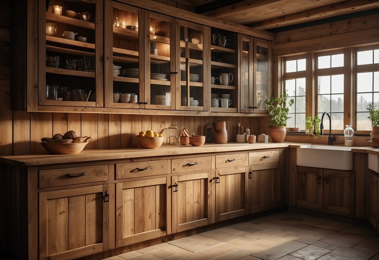 Rustic wooden cabinets line the walls of a cozy country kitchen, creating a warm and inviting atmosphere