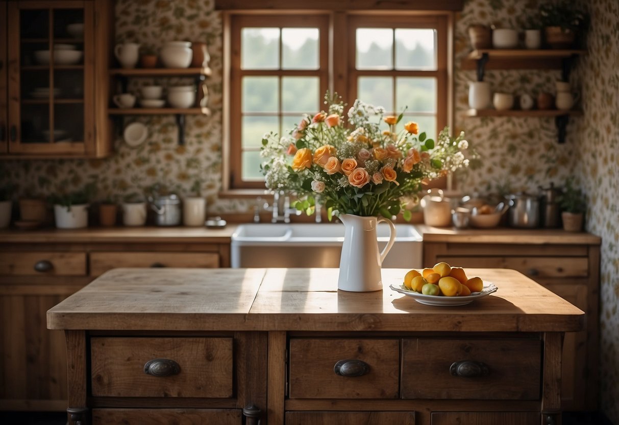 A cozy country kitchen with vintage floral wallpaper, rustic wooden cabinets, and a farmhouse sink. A bouquet of fresh flowers sits on the table