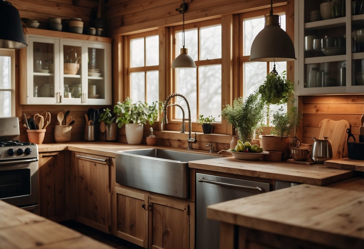 A rustic kitchen with butcher block countertops, wooden cabinets, farmhouse sink, hanging pots, and pans, vintage stove, and a cozy, welcoming atmosphere