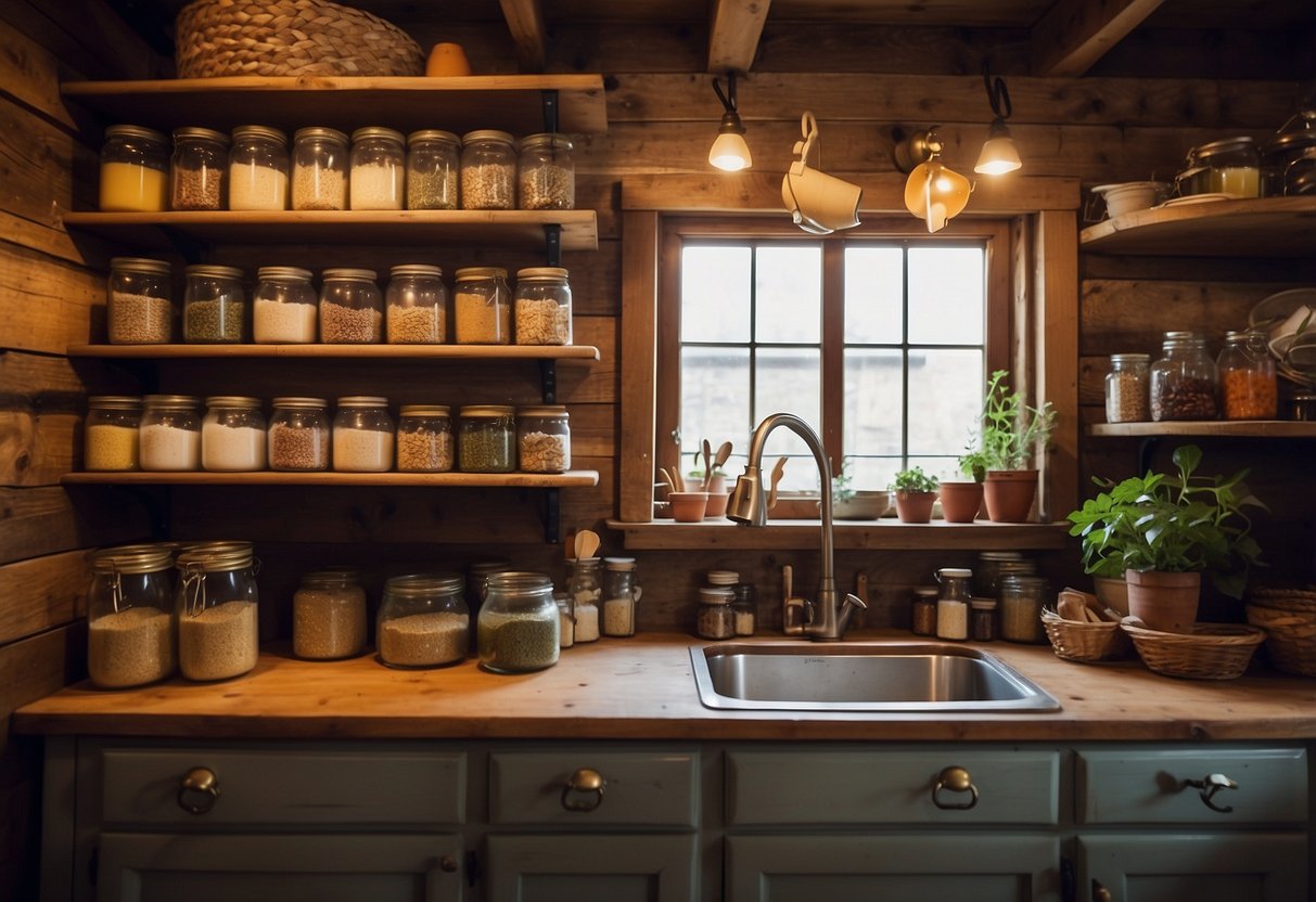 A rustic country kitchen with open shelving adorned with mason jars filled with various dry goods and colorful ingredients