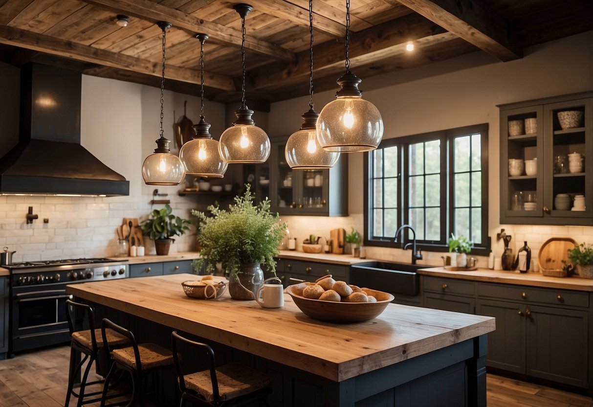 Wrought iron pendant lights hang over a rustic country kitchen, illuminating a cozy and inviting space with a touch of vintage charm