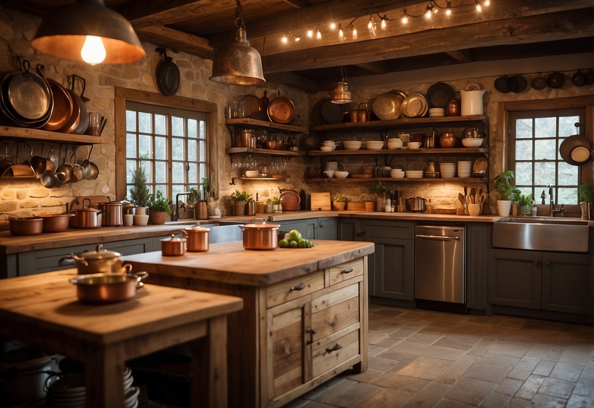 A rustic kitchen with a hanging rack filled with copper cookware, surrounded by country-themed decor and warm lighting