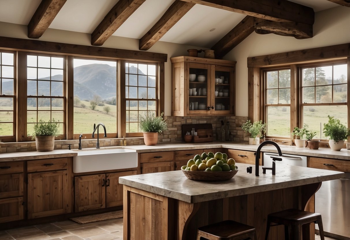 A rustic kitchen with wooden cabinets, stone countertops, and a farmhouse sink. A large window lets in natural light, showcasing a view of the countryside