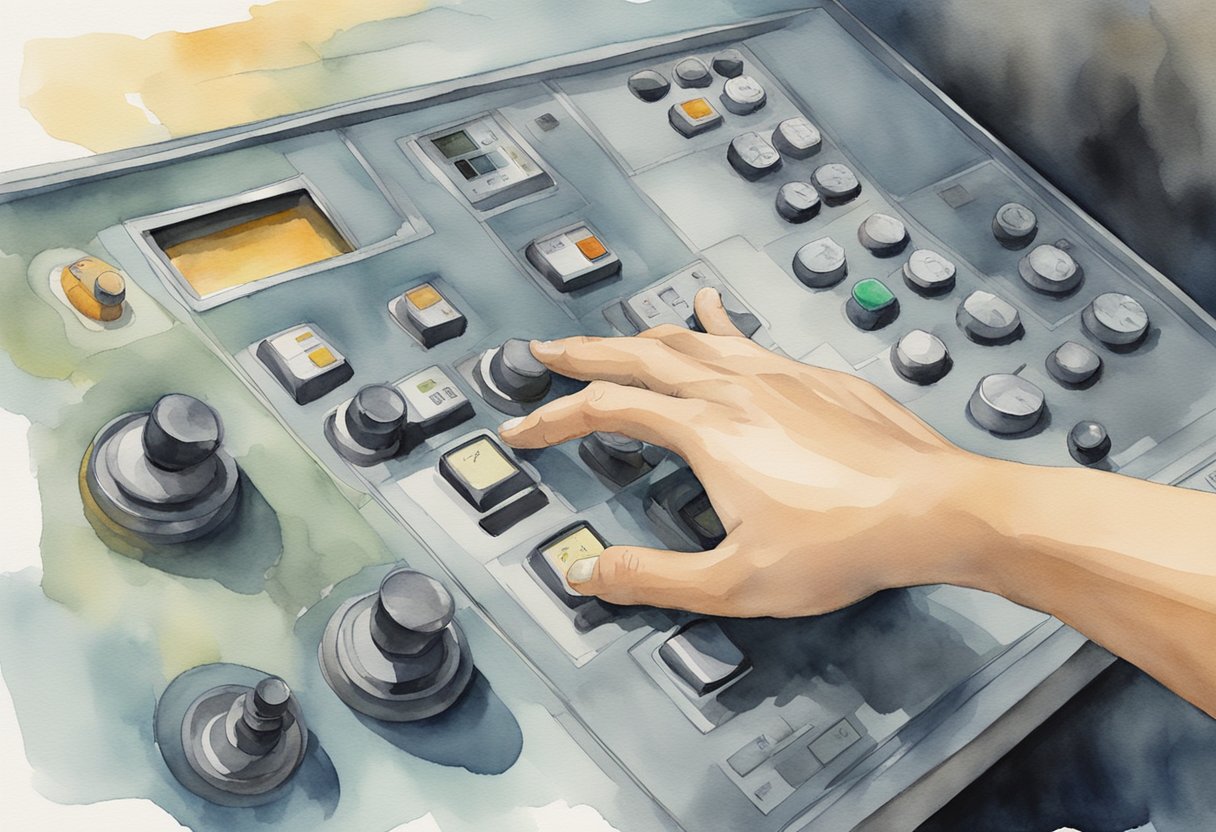 A hand reaching out to adjust a dial on a control panel, with a determined expression on the face of the person controlling it