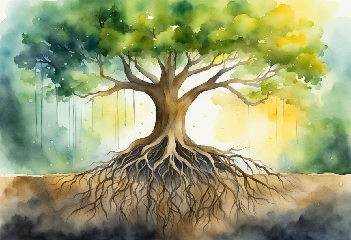 A tree with roots spreading deep into the ground, surrounded by sunshine and rain, symbolizing growth and resilience