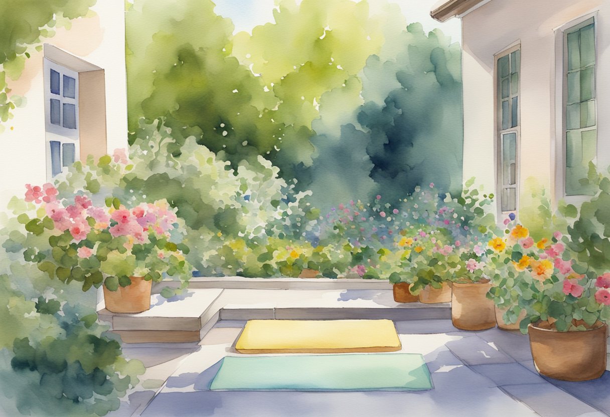 A serene garden with a balance of greenery and colorful flowers, a yoga mat and meditation cushion placed in a peaceful corner, surrounded by gentle sunlight and a sense of calm