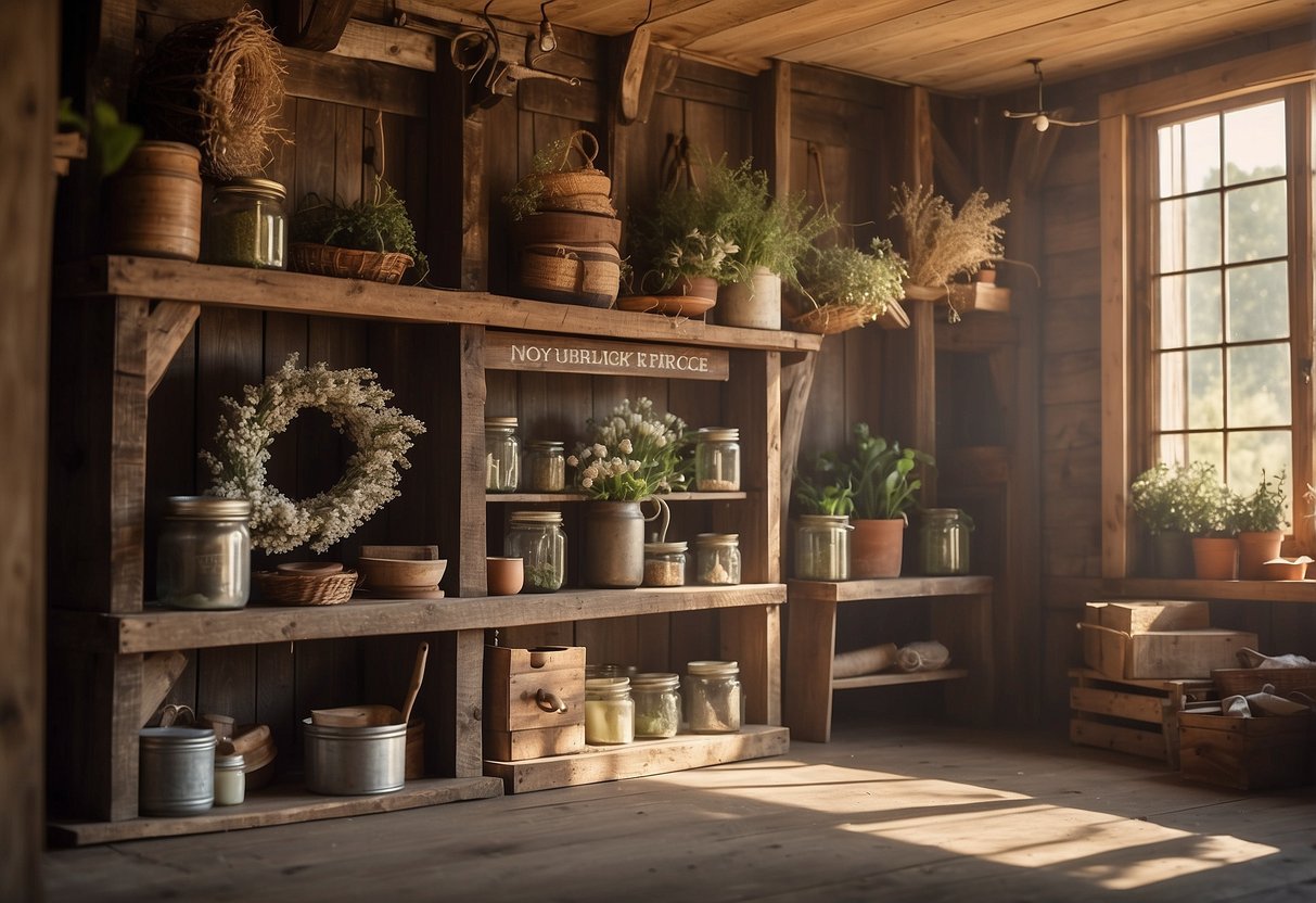 A rustic farmhouse with wooden signs, vintage tools, and a wreath on the door. A shelf displays mason jars and a framed quote. Sunlight streams through lace curtains