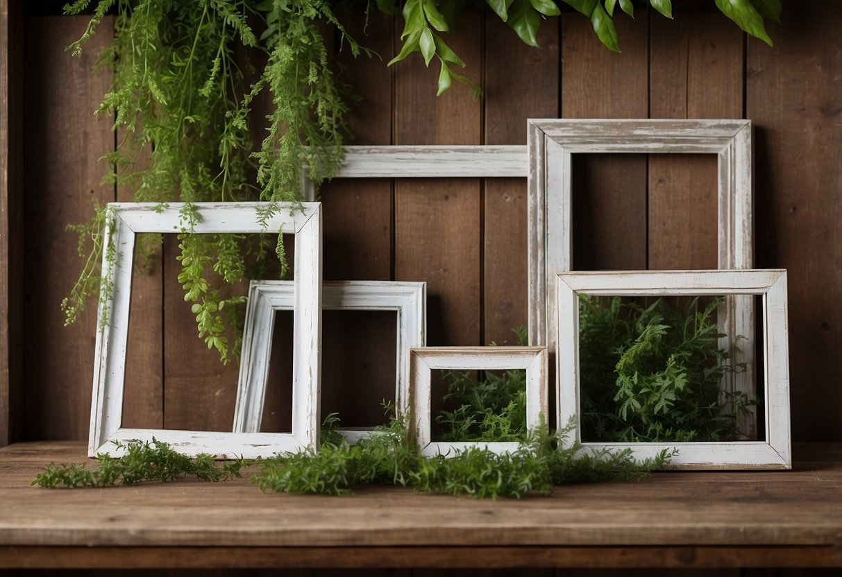 Distressed white picture frames hang on a rustic farmhouse wall, surrounded by vintage decor and greenery