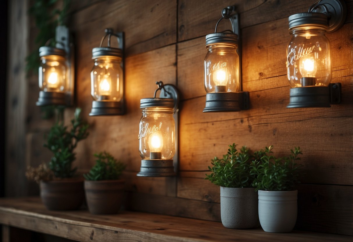 A rustic farmhouse wall adorned with mason jar sconces, casting a warm glow in a cozy home setting