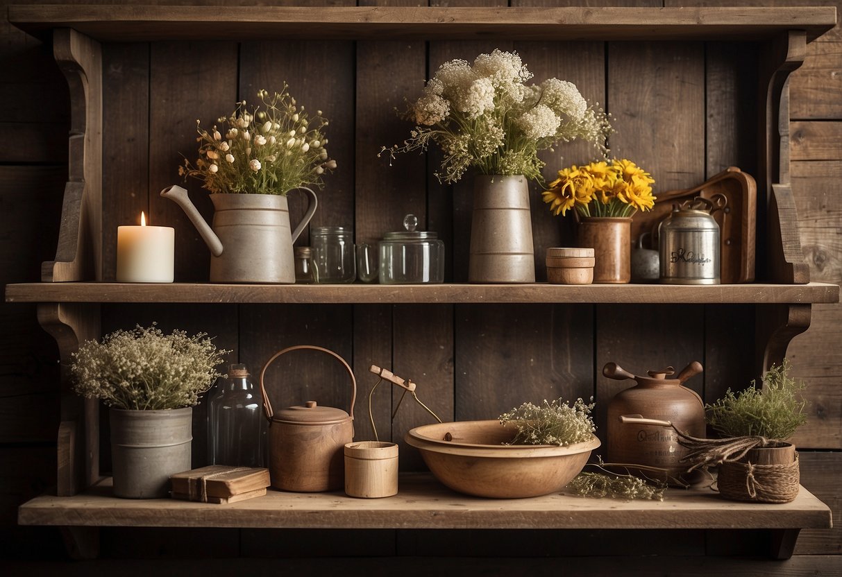 An antique wooden shelf adorned with farmhouse wall decor, including rustic signs, vintage tools, and dried flowers