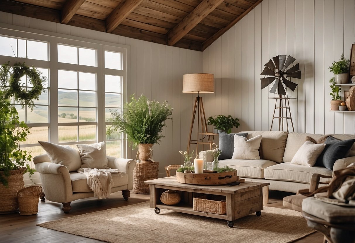 A cozy farmhouse living room with rustic wooden accents, vintage signs, and botanical prints. A distressed white shiplap wall adorned with a large metal windmill decor piece