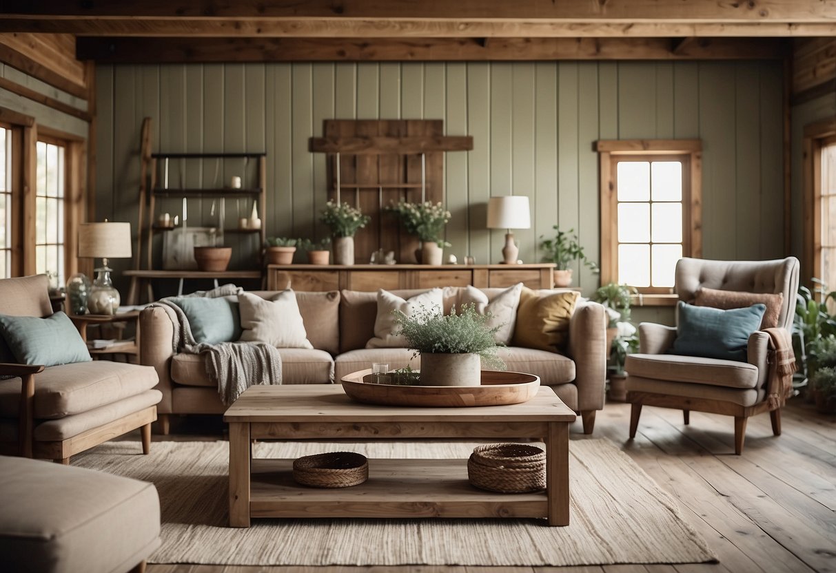 A rustic farmhouse with neutral tones, distressed wood accents, and vintage-inspired decor. A mix of earthy colors like sage green, soft blues, and warm browns create a cozy, inviting atmosphere