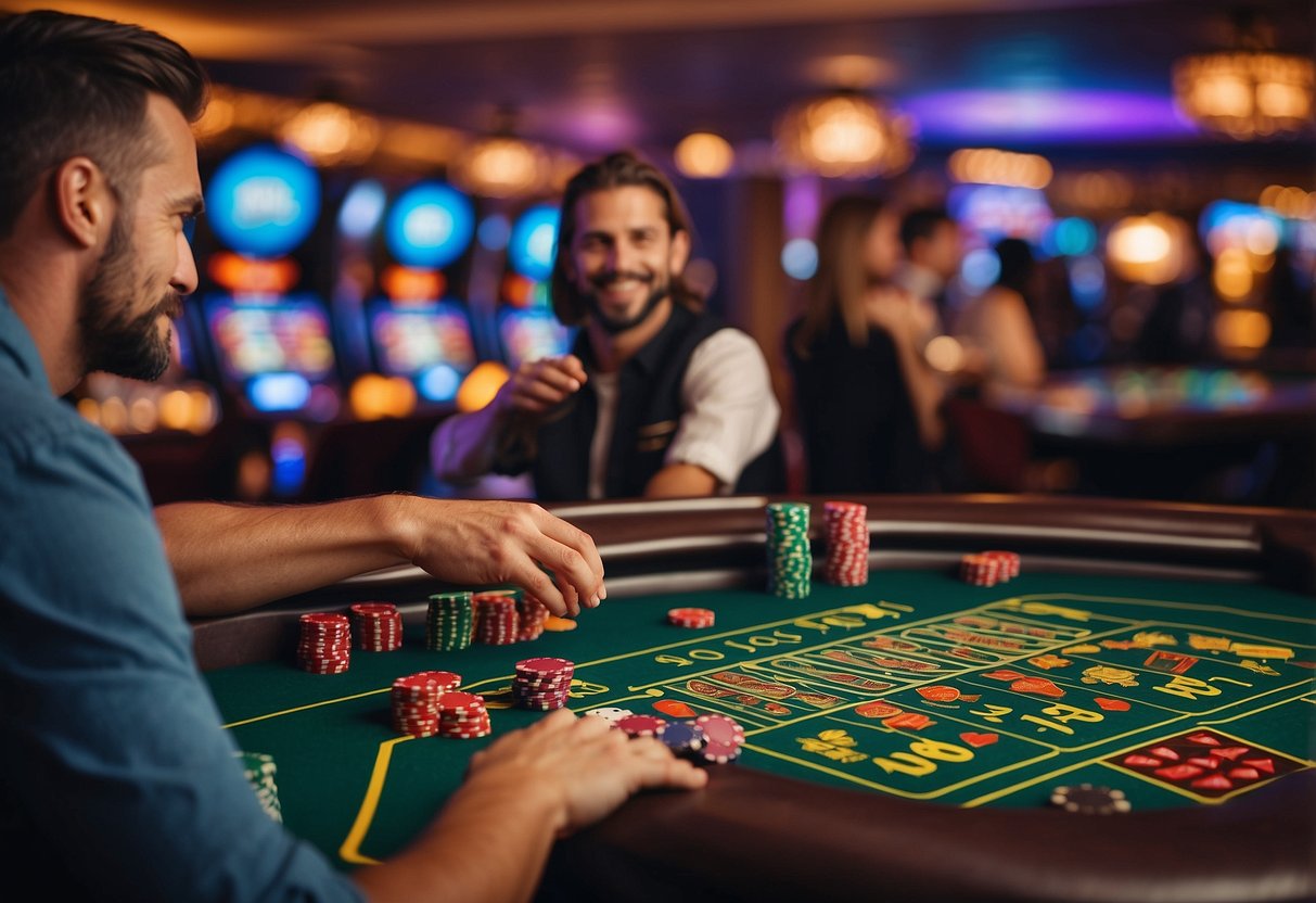 Players enjoying various casino games with no deposit bonus. Signs displaying game restrictions. Bright lights and vibrant colors fill the room