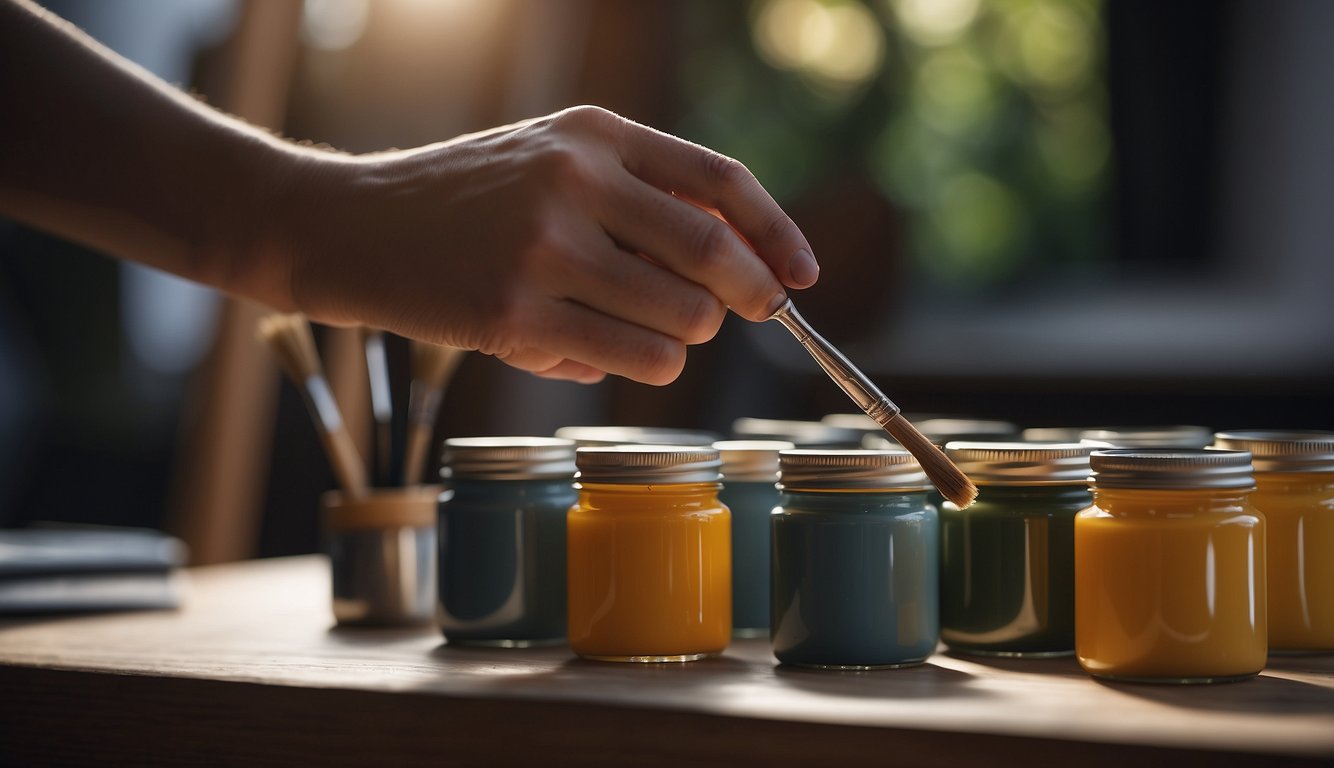 A hand holding a paintbrush primes a wooden bedside table with smooth, even strokes. A can of paint sits nearby, ready for the next step