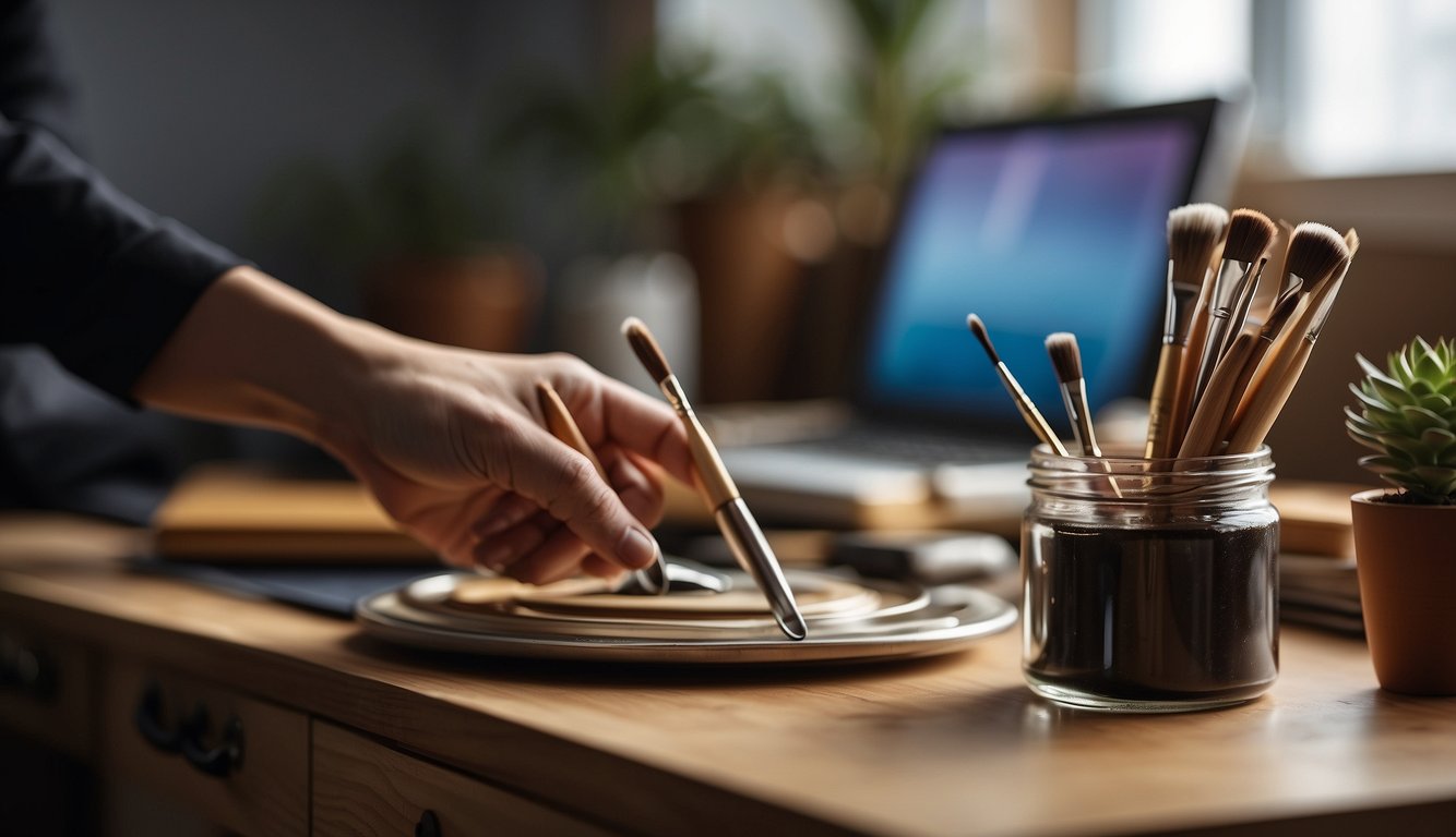 A hand holding a paintbrush applies a glossy finish to a wooden bedside table. The table is set against a backdrop of a well-lit and organized workspace