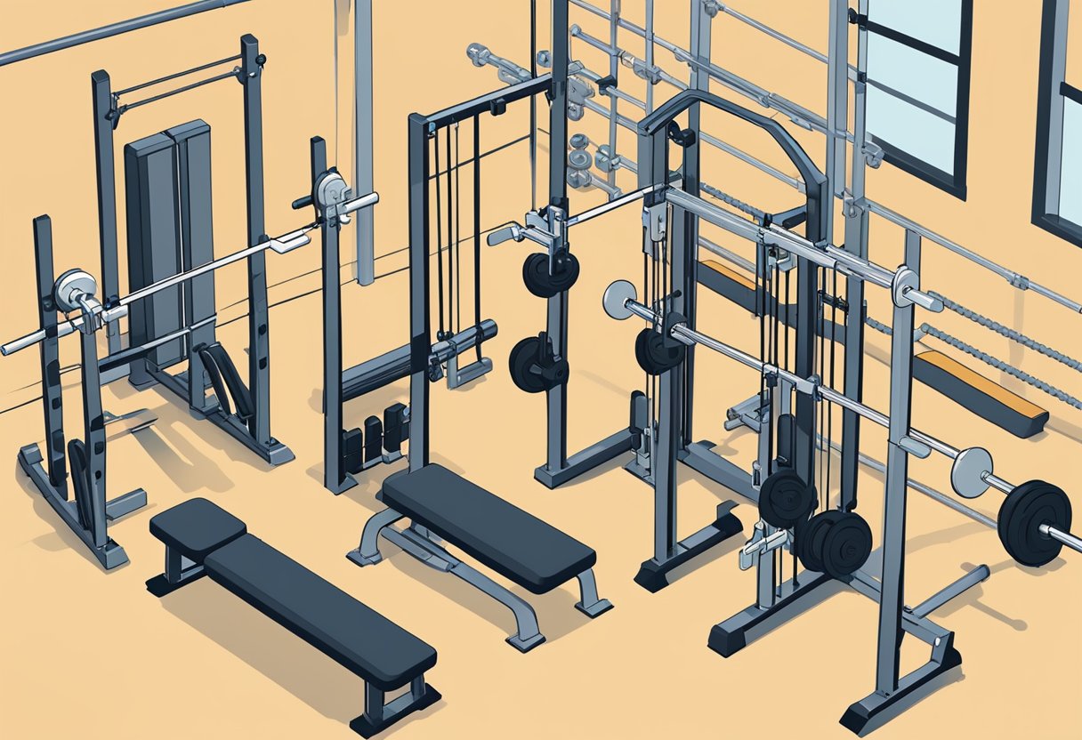 A gym setting with a variety of equipment including dumbbells, barbells, resistance bands, a pull-up bar, and a bench. Each piece of equipment is strategically placed to showcase the 5 best total body exercises: squats, dead