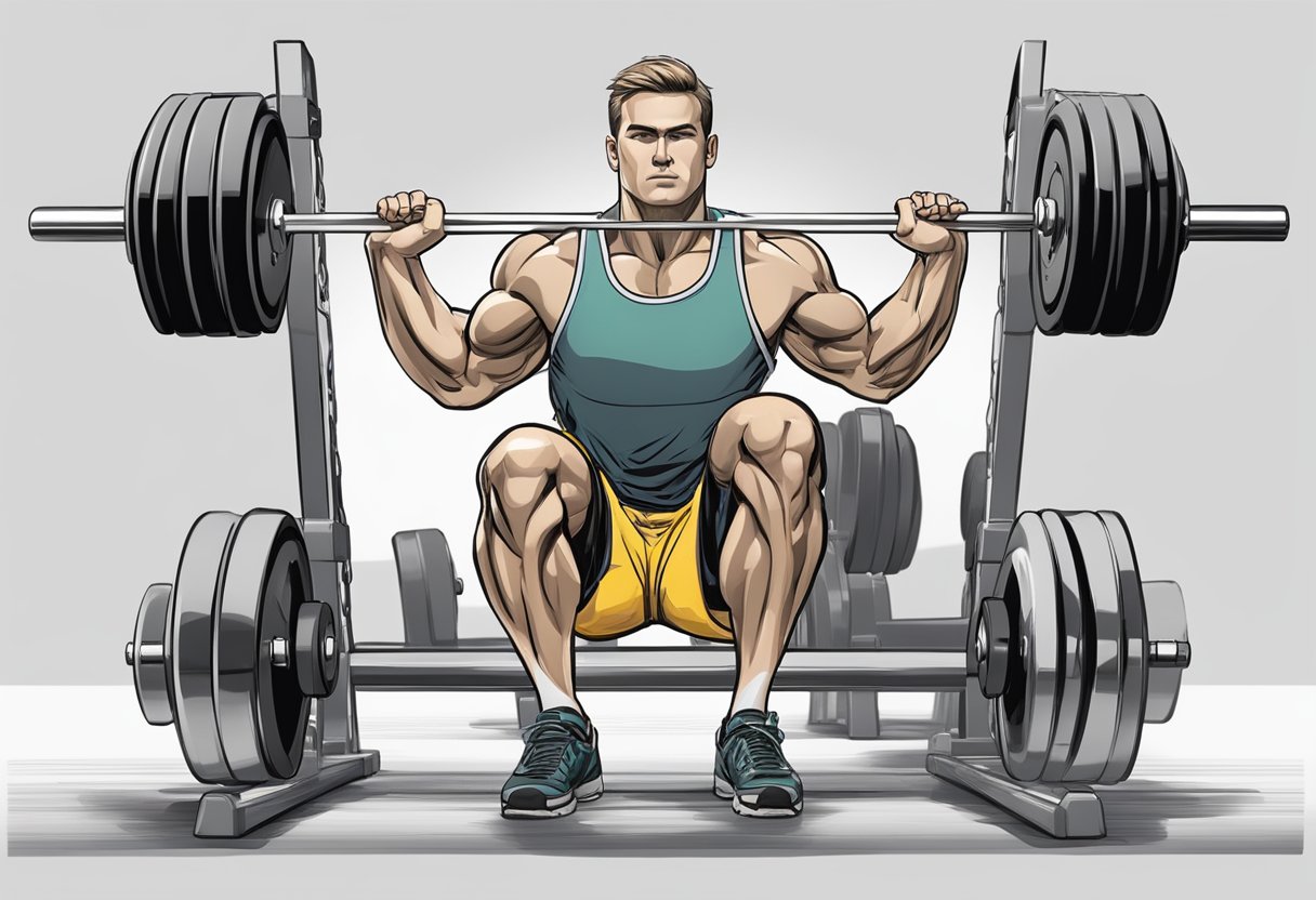 A barbell loaded with weights is lifted off the ground, as the lifter stands tall with their hips and knees fully extended. The focus is on the movement of the barbell and the engagement of the posterior chain