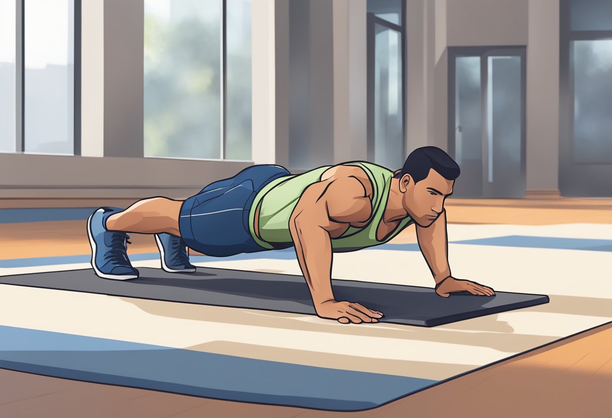 A person doing push-ups on a gym mat, with a focus on upper body and core strength. The exercise is one of the top 5 total body exercises, known for its effectiveness