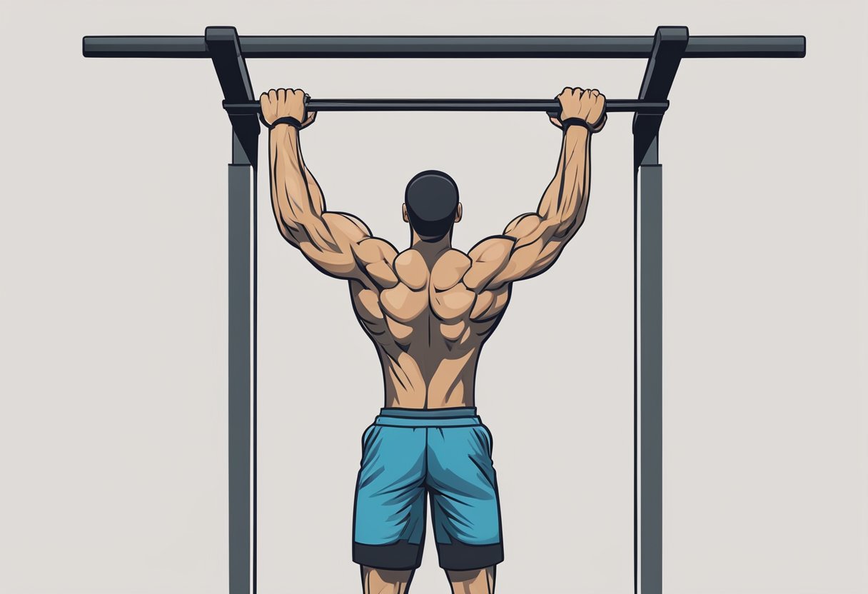 A person performing pull-ups, showcasing the engagement of the back and biceps. The body is in a straight line, arms pulling up, and the muscles visibly contracting