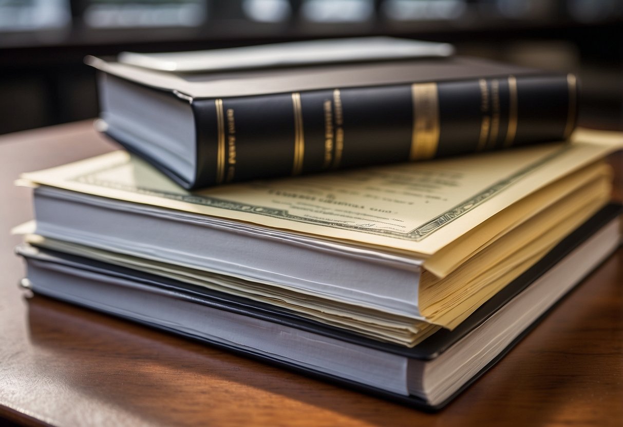 A stack of academic and professional certificates displayed on a desk for public procurement application