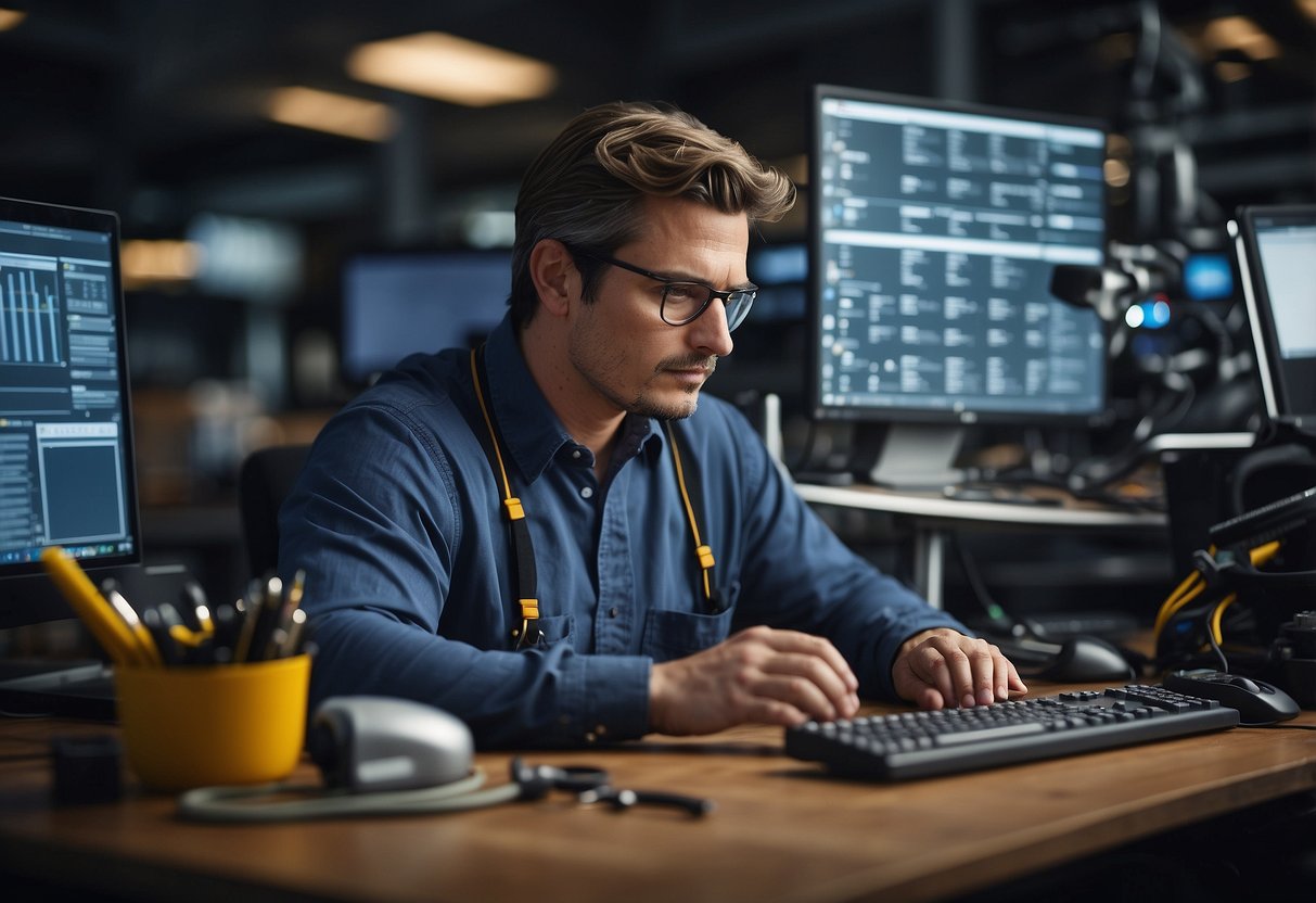 A technician updating software on a computer, surrounded by maintenance tools and equipment