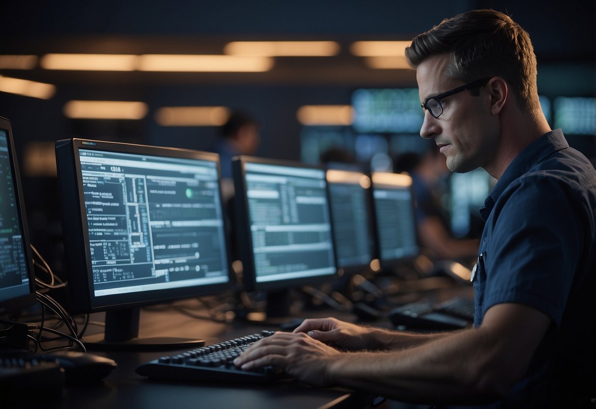 A technician updating software on a computer with a penalty clause in the background