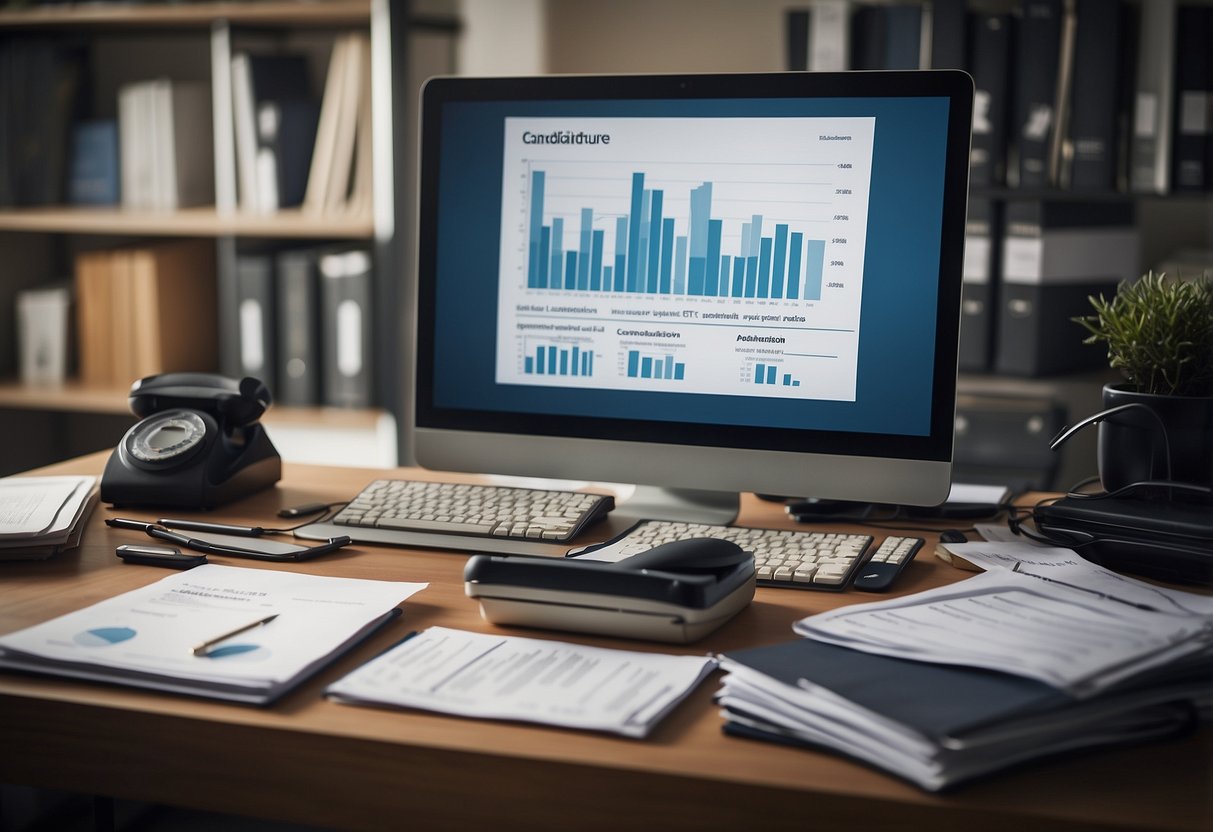 An office desk with a computer, documents, and a pen. A stack of papers labeled "La Candidature et la Soumission" with charts and graphs