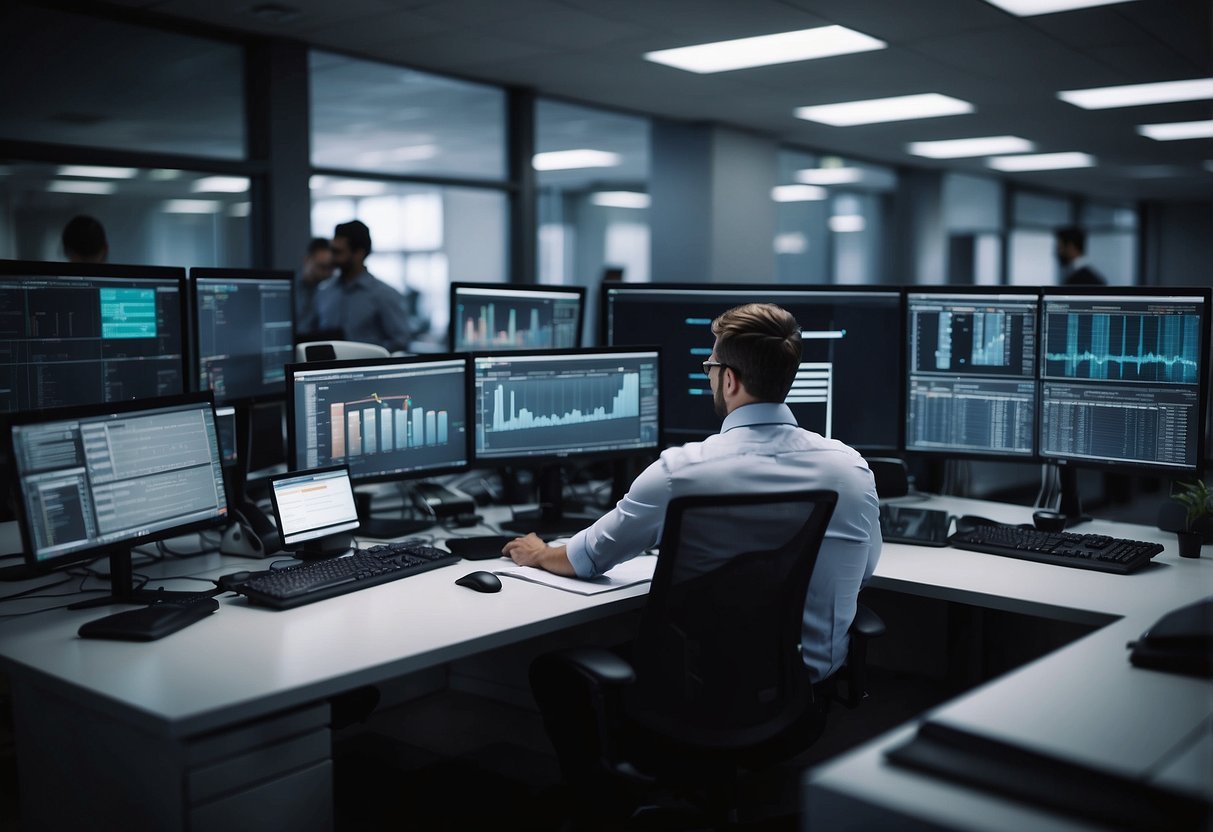 An office setting with computers, charts, and a team of workers collaborating on technical projects