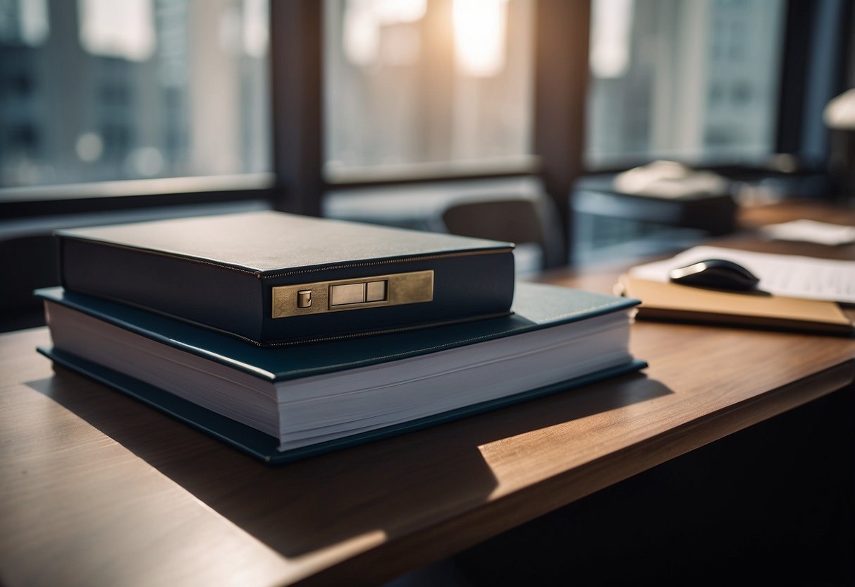 A desk with paperwork, legal documents, and administrative requirements. No human subjects or body parts