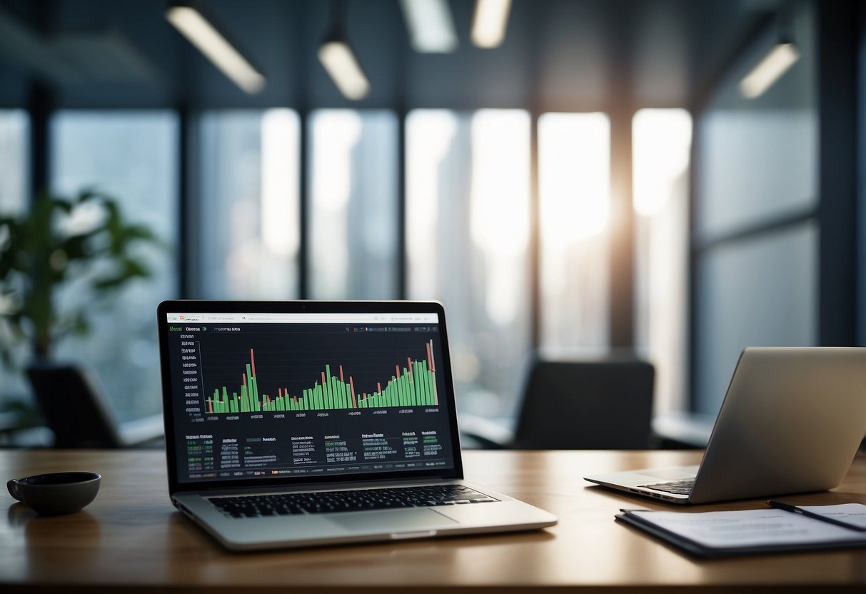 An office desk with a laptop, paperwork, and a phone. A contract or partnership agreement is being signed. Charts and graphs on the wall show annual performance metrics