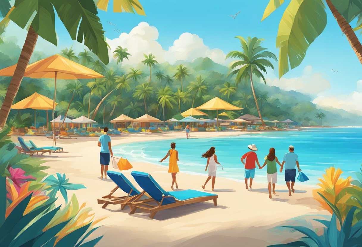 A family happily explores a tropical beach resort with "Vacabee" travel deals. Palm trees, clear blue water, and colorful beach umbrellas create a vibrant and inviting atmosphere